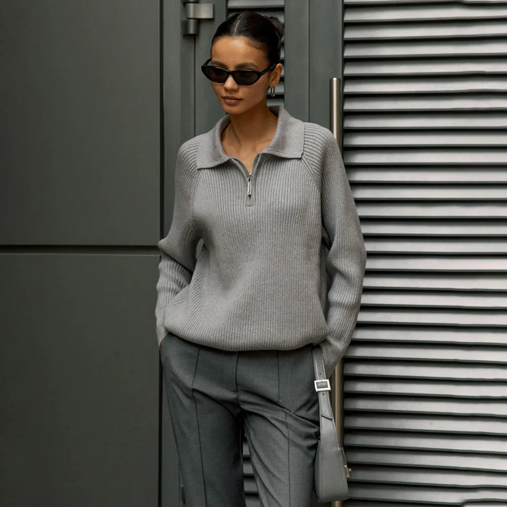 Women's ribbed collared half zip sweater