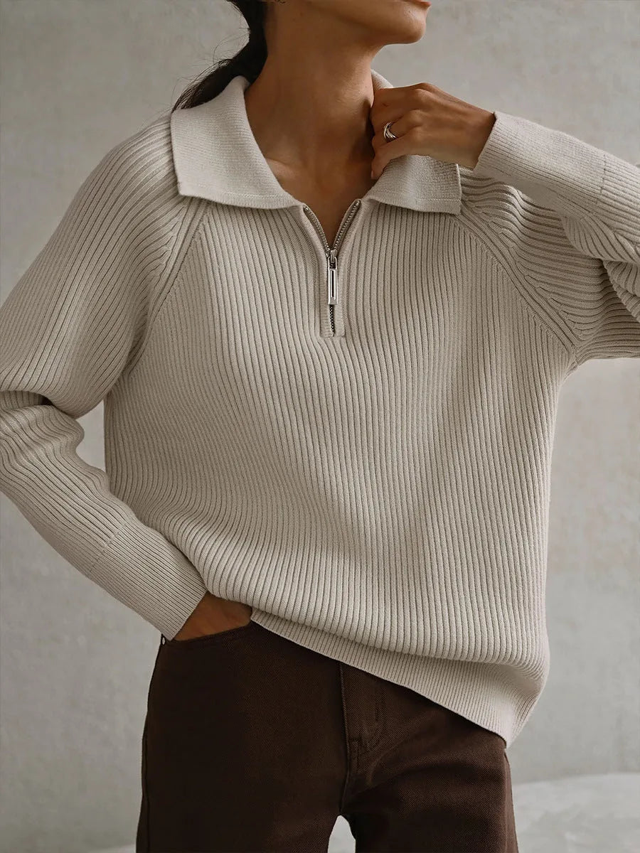 Women's ribbed collared half zip sweater