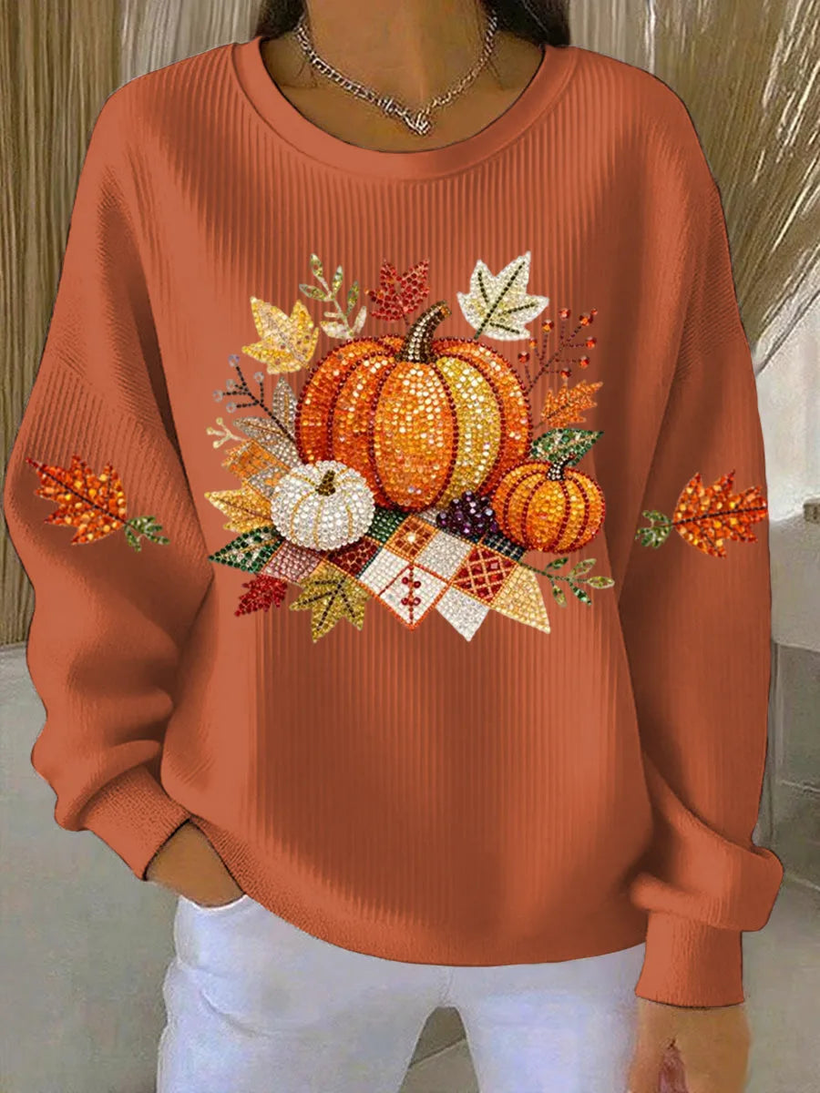 Women's ribbed crew neck sweater with rhinestone autumn graphic