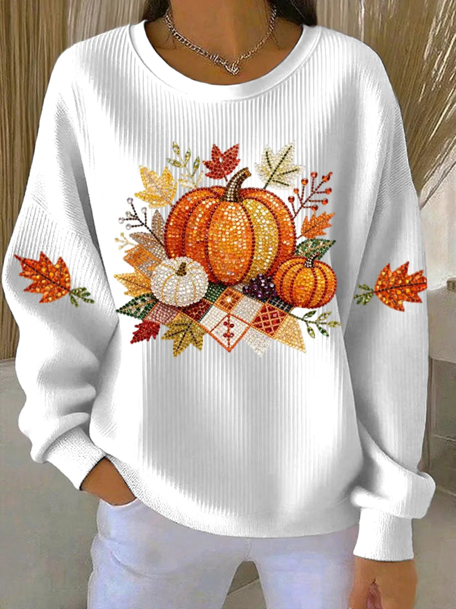 Women's ribbed crew neck sweater with rhinestone autumn graphic