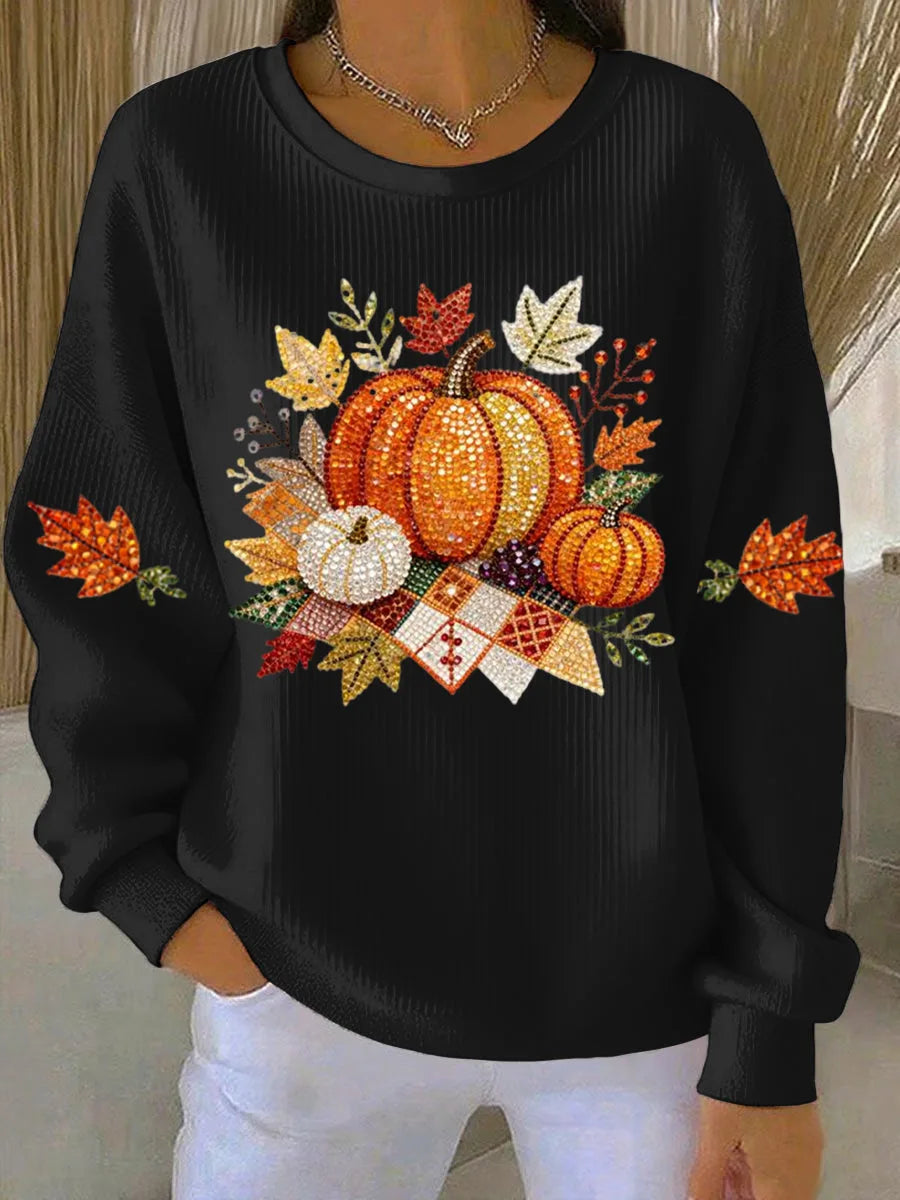 Women's ribbed crew neck sweater with rhinestone autumn graphic