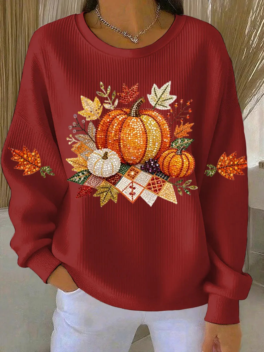 Women's ribbed crew neck sweater with rhinestone autumn graphic
