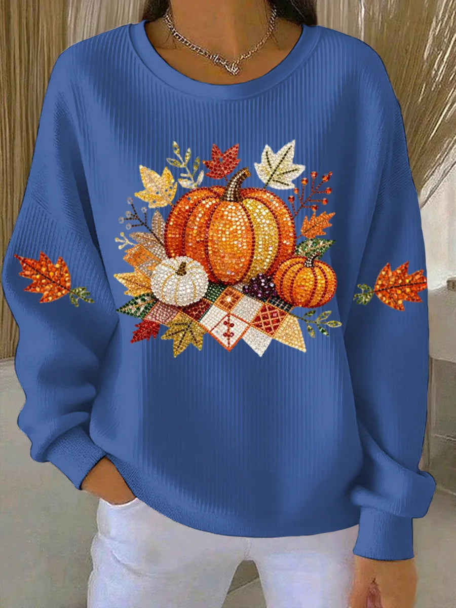 Women's ribbed crew neck sweater with rhinestone autumn graphic