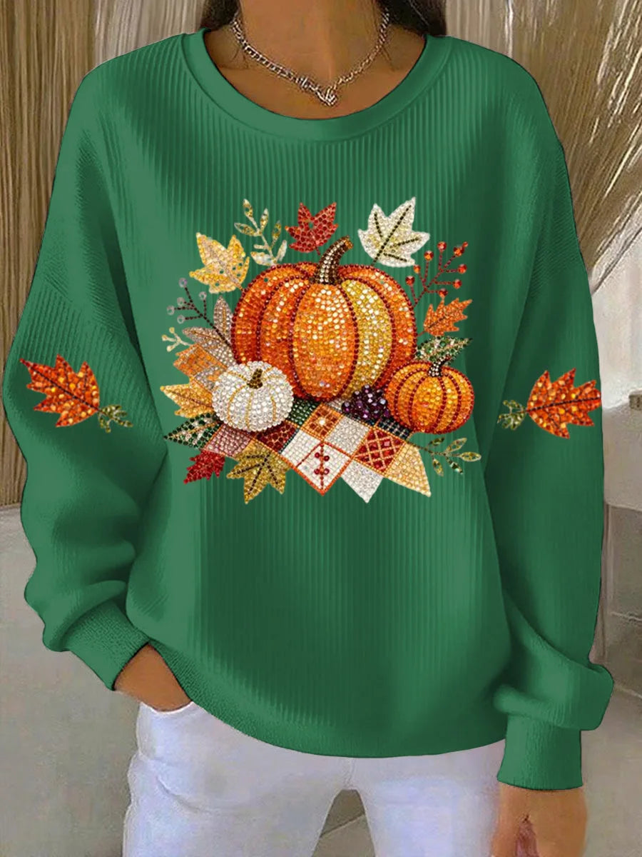 Women's ribbed crew neck sweater with rhinestone autumn graphic