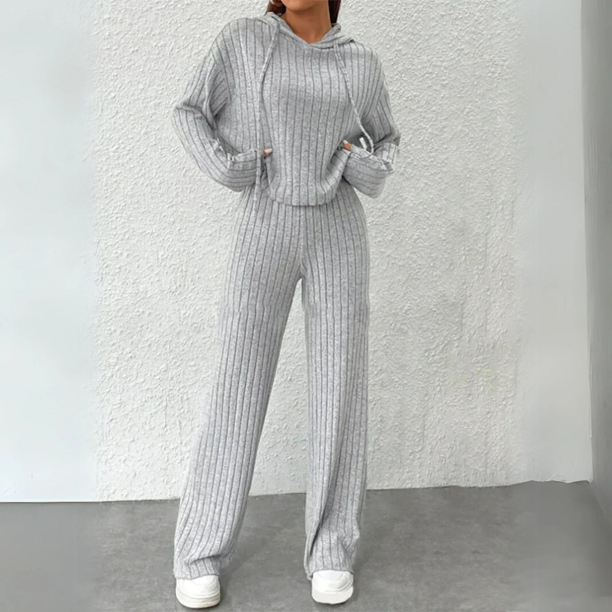 Women's ribbed hooded two piece set