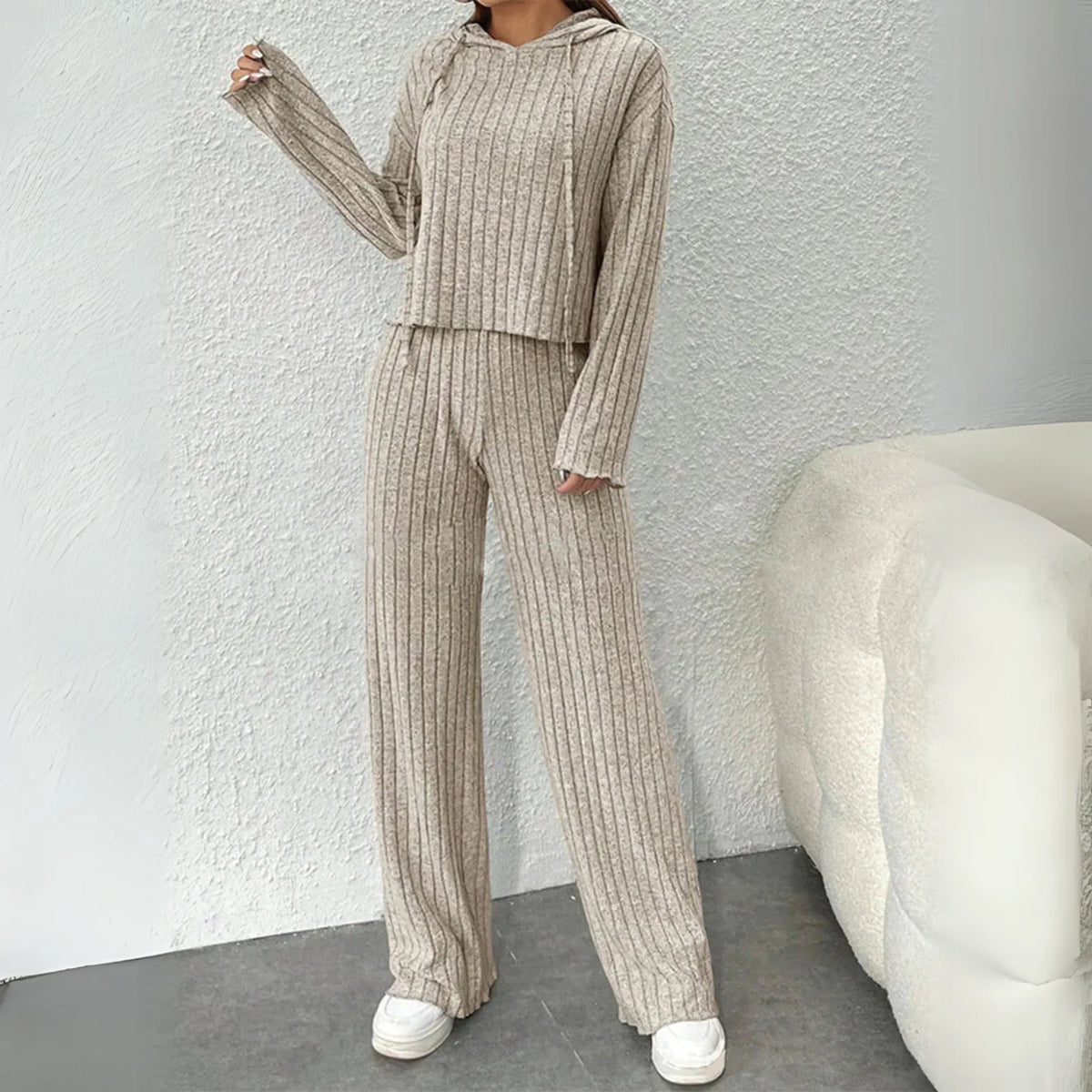 Women's ribbed hooded two piece set
