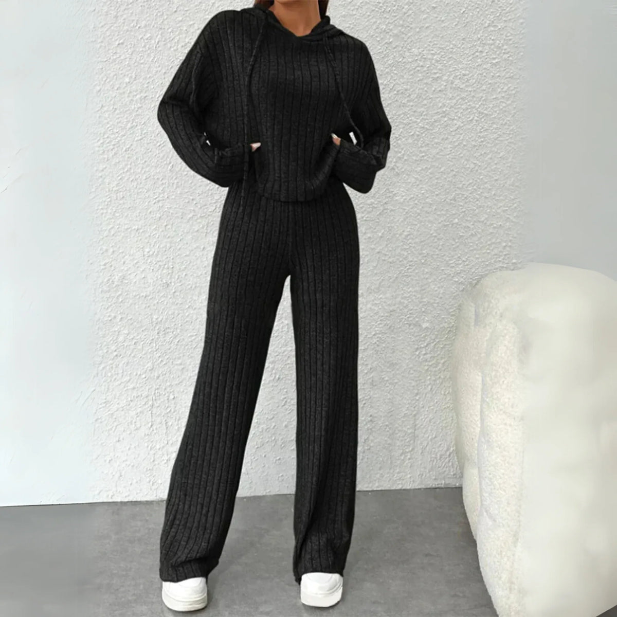 Women's ribbed hooded two piece set