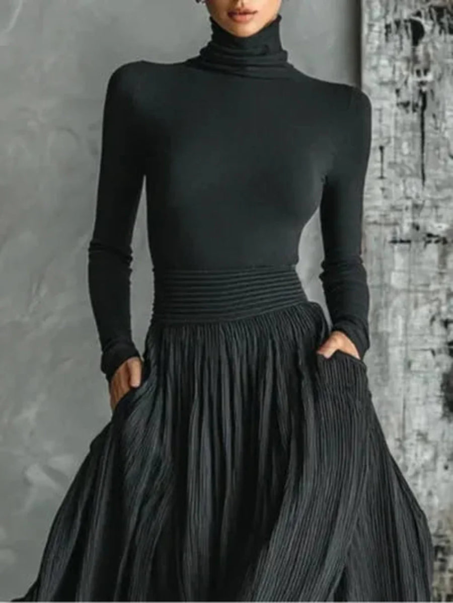 Women's roll neck maxi dress with pleated skirt