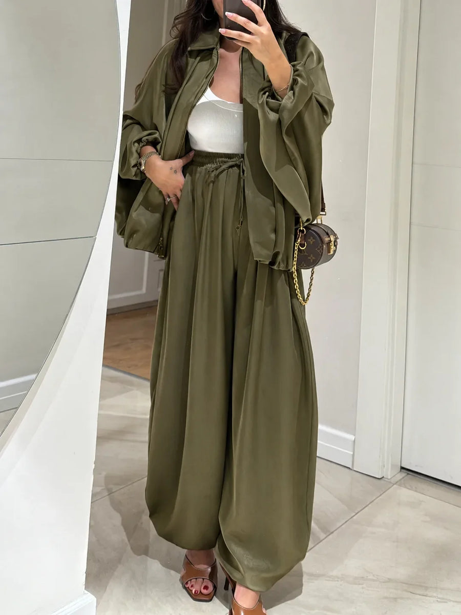 Women's satin zip-up stand collar two piece set with wide leg pants