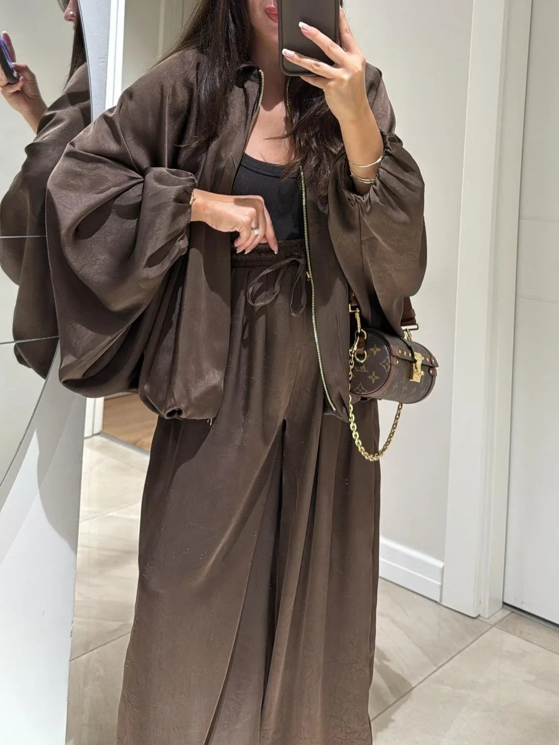 Women's satin zip-up stand collar two piece set with wide leg pants