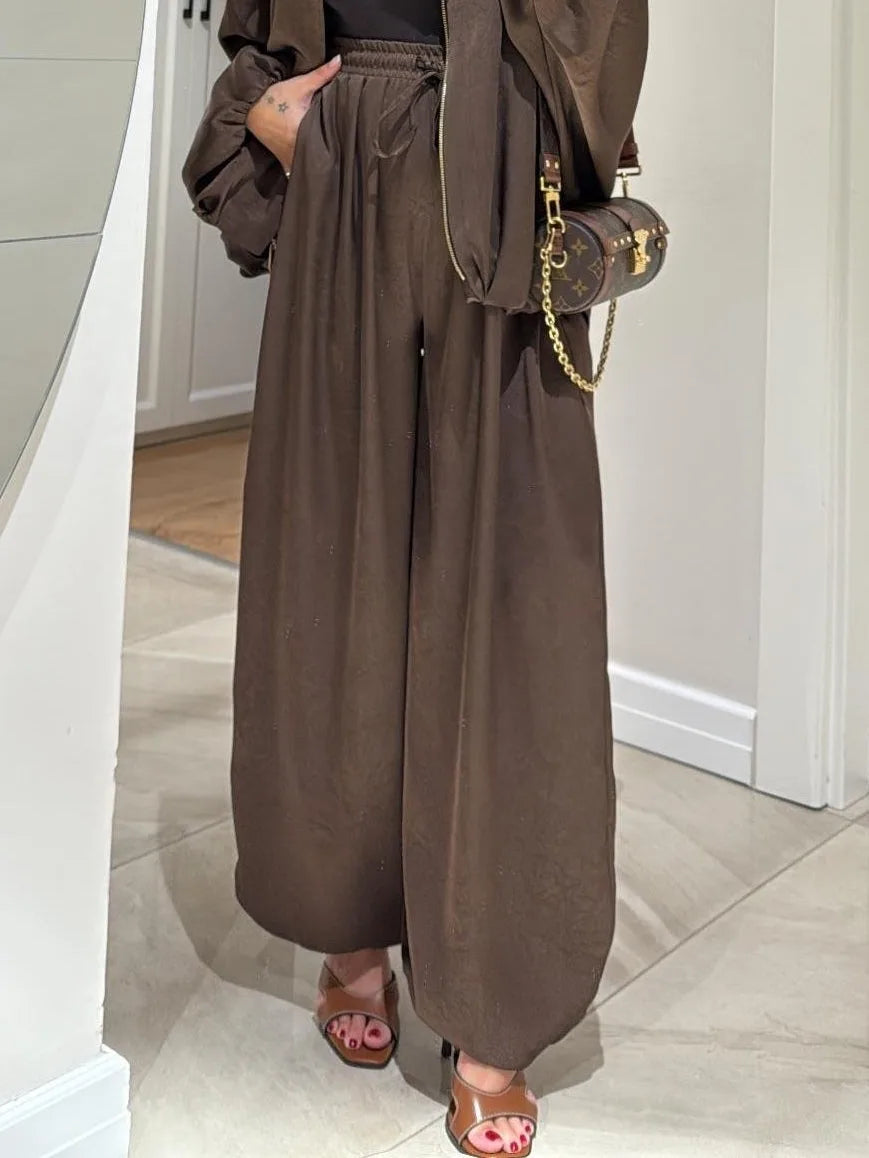 Women's satin zip-up stand collar two piece set with wide leg pants