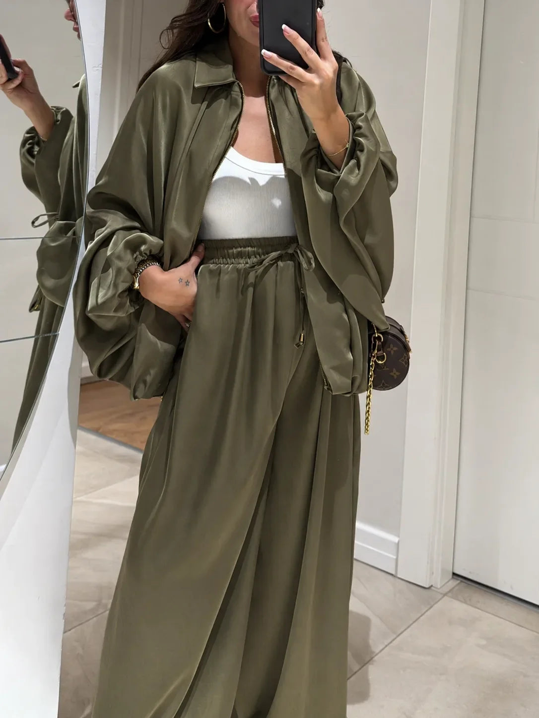 Women's satin zip-up stand collar two piece set with wide leg pants