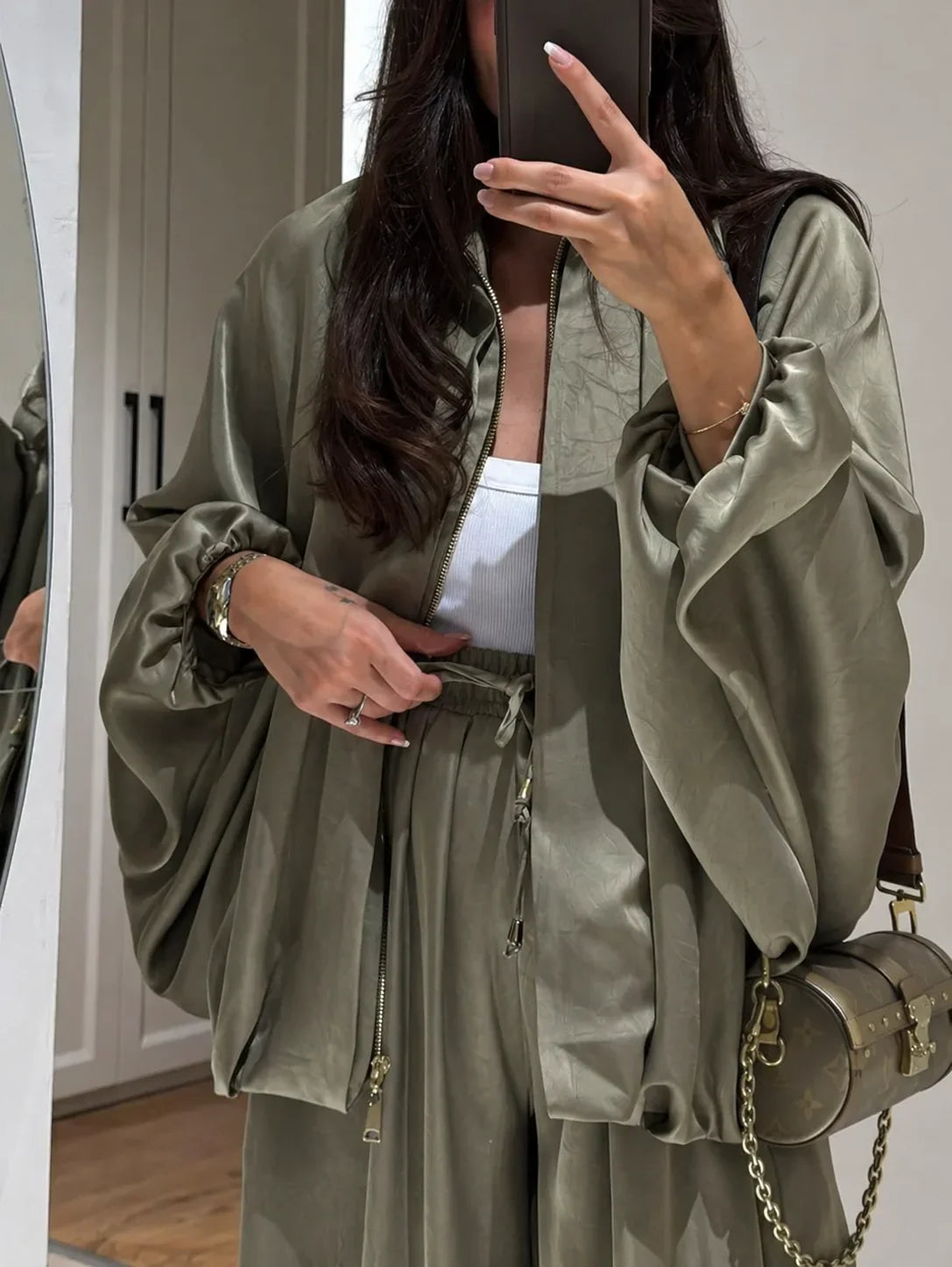 Women's satin zip-up stand collar two piece set with wide leg pants
