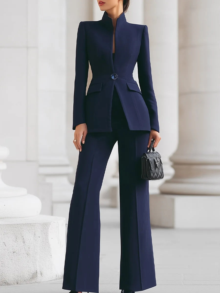Women's Stand Collar Blazer & Wide Leg Pants Suit Set
