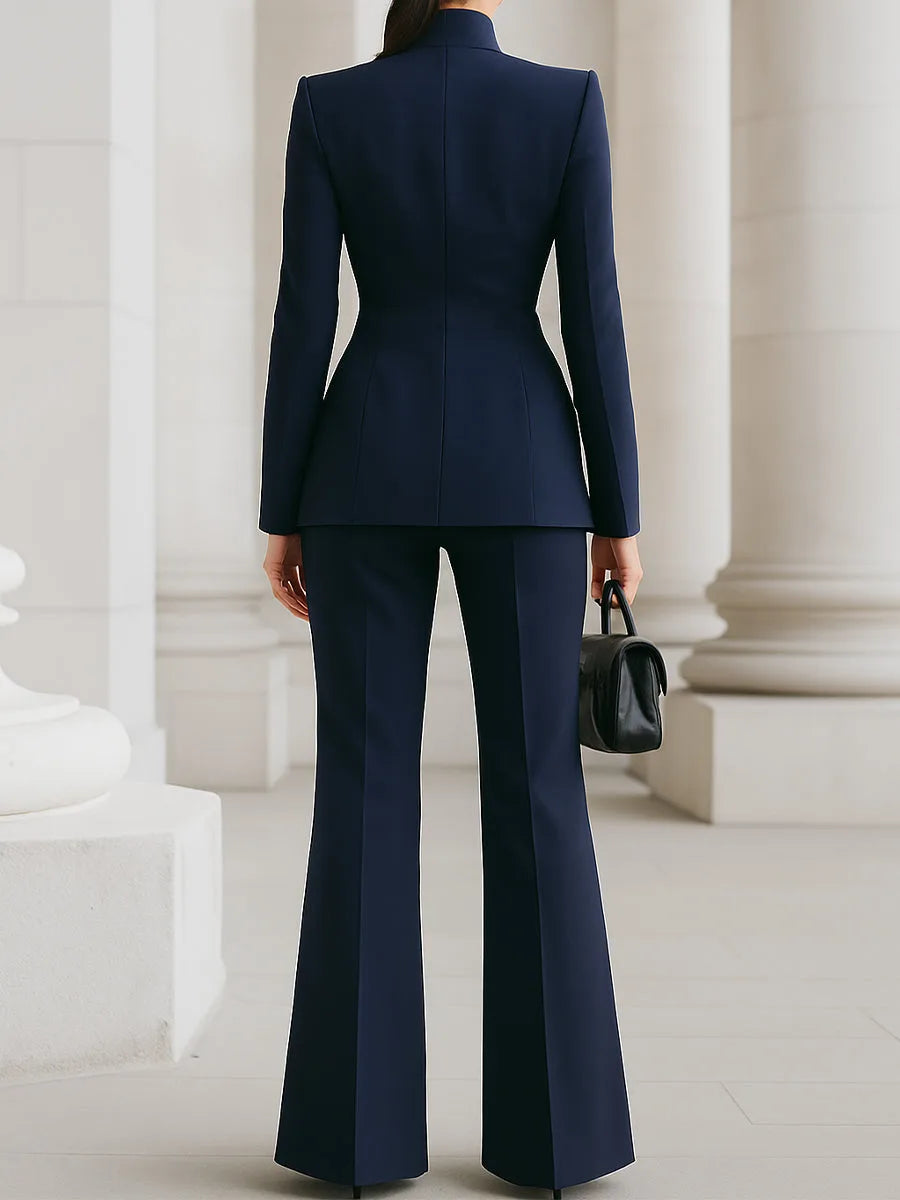 Women's Stand Collar Blazer & Wide Leg Pants Suit Set