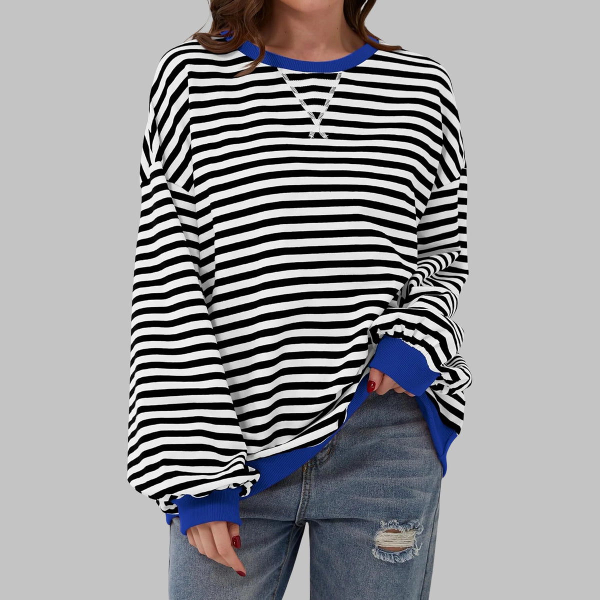 Women's Striped Crewneck Long Sleeve Oversized Sweatshirt