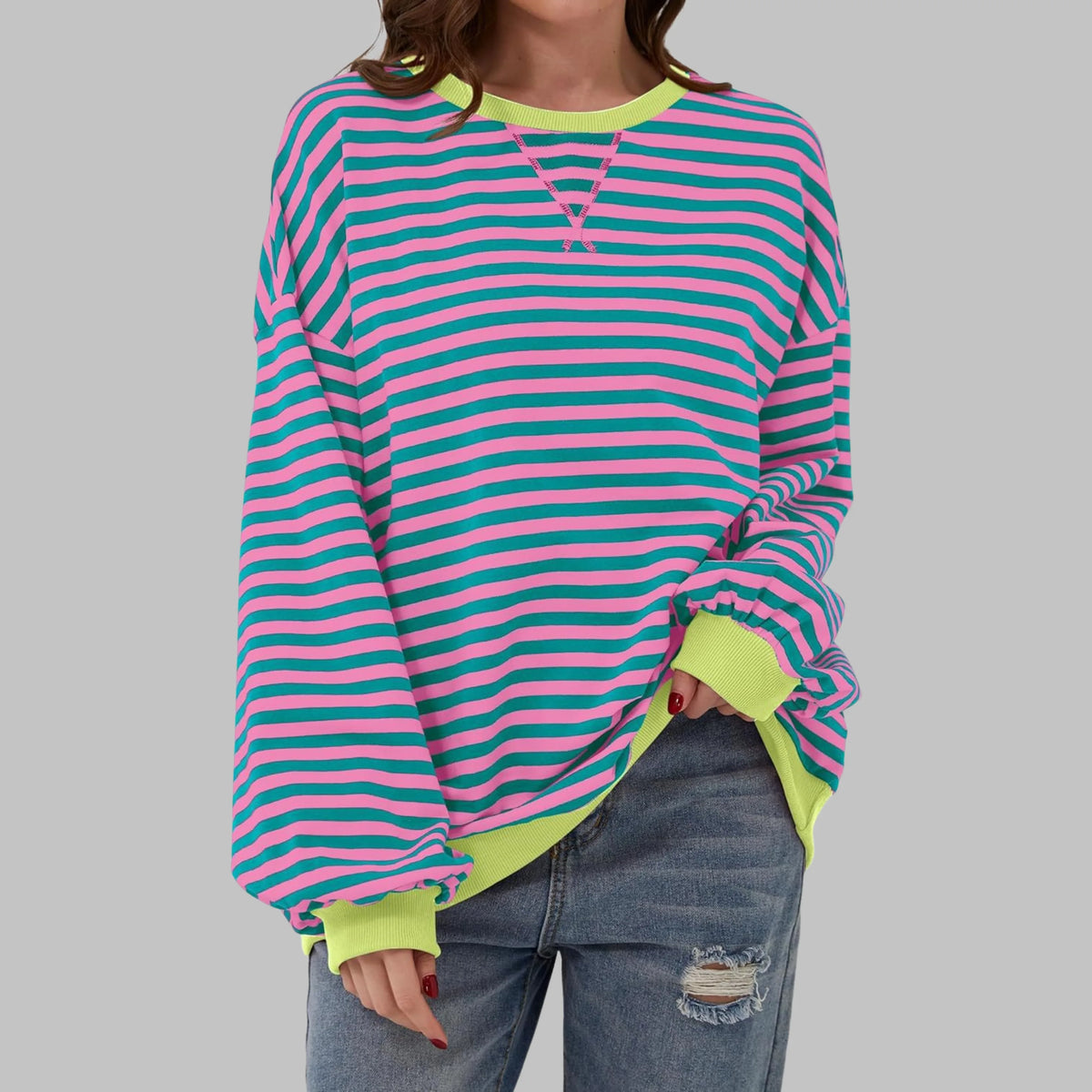 Women's Striped Crewneck Long Sleeve Oversized Sweatshirt
