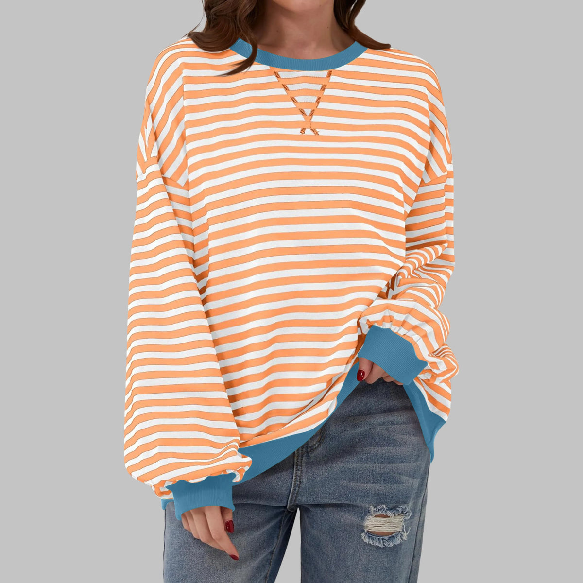 Women's Striped Crewneck Long Sleeve Oversized Sweatshirt