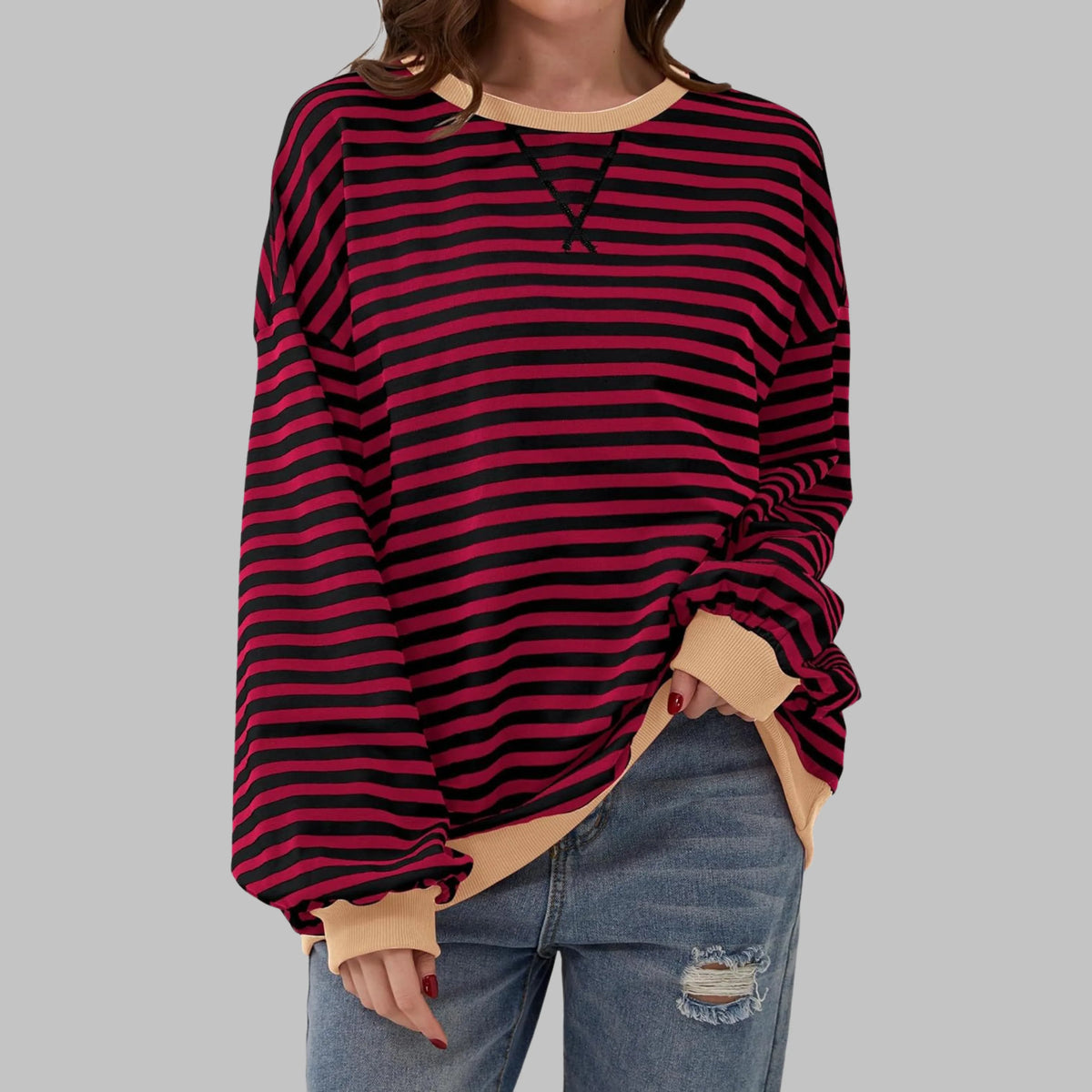 Women's Striped Crewneck Long Sleeve Oversized Sweatshirt