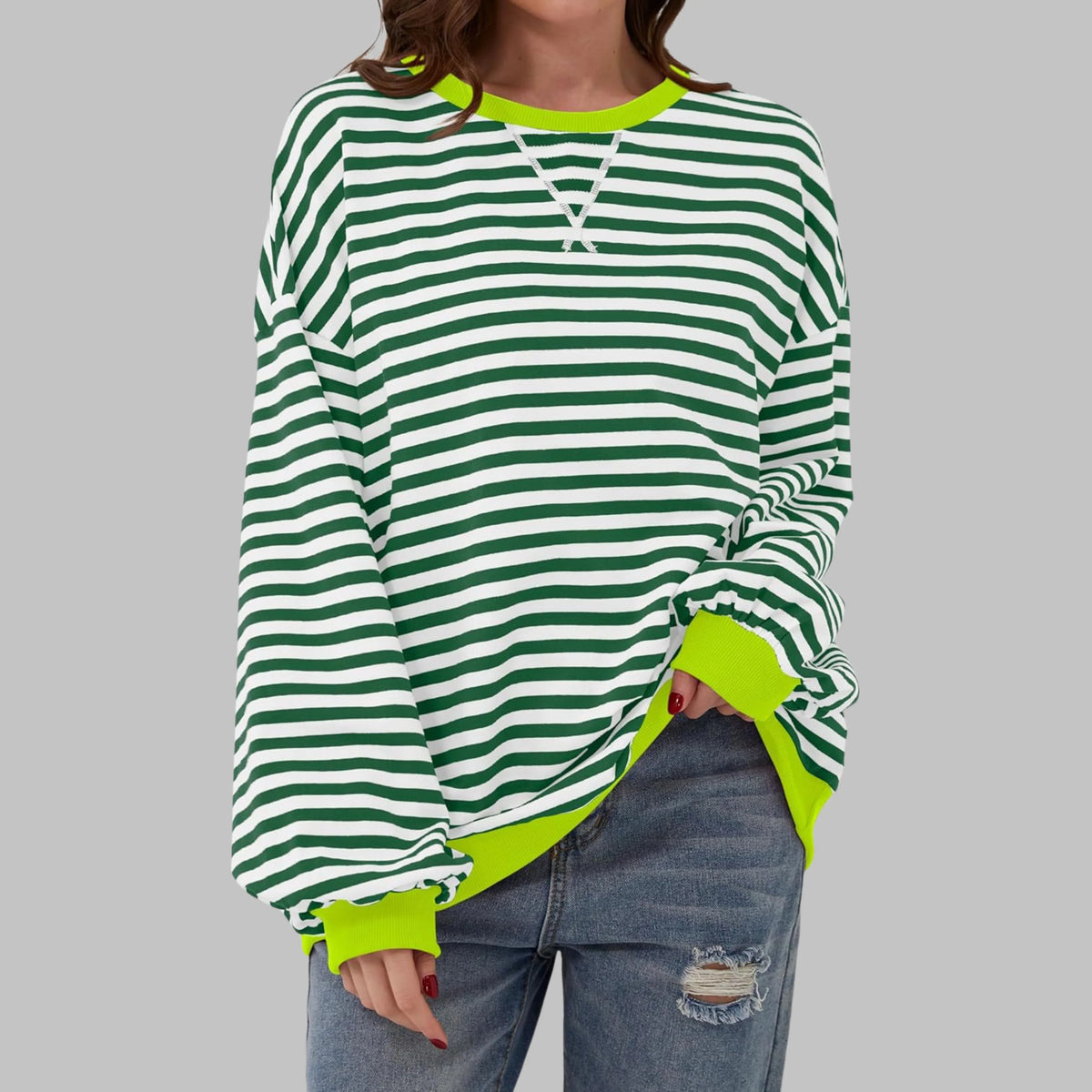 Women's Striped Crewneck Long Sleeve Oversized Sweatshirt