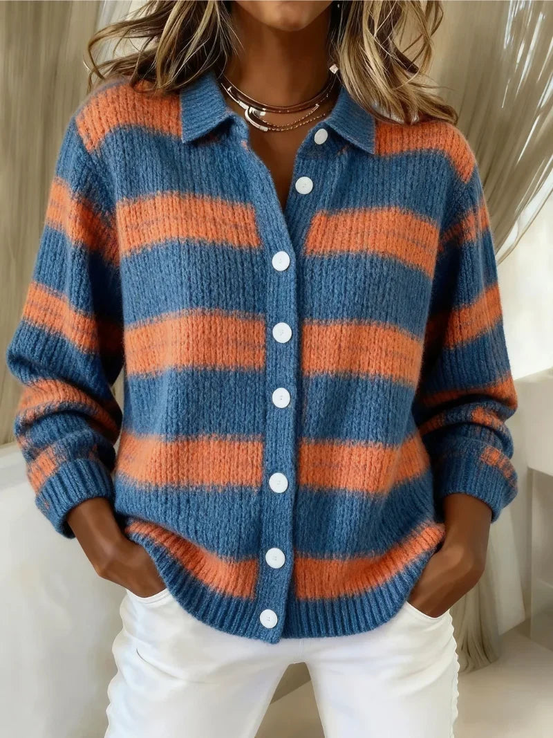 Women's striped knit button-front cardigan in blue