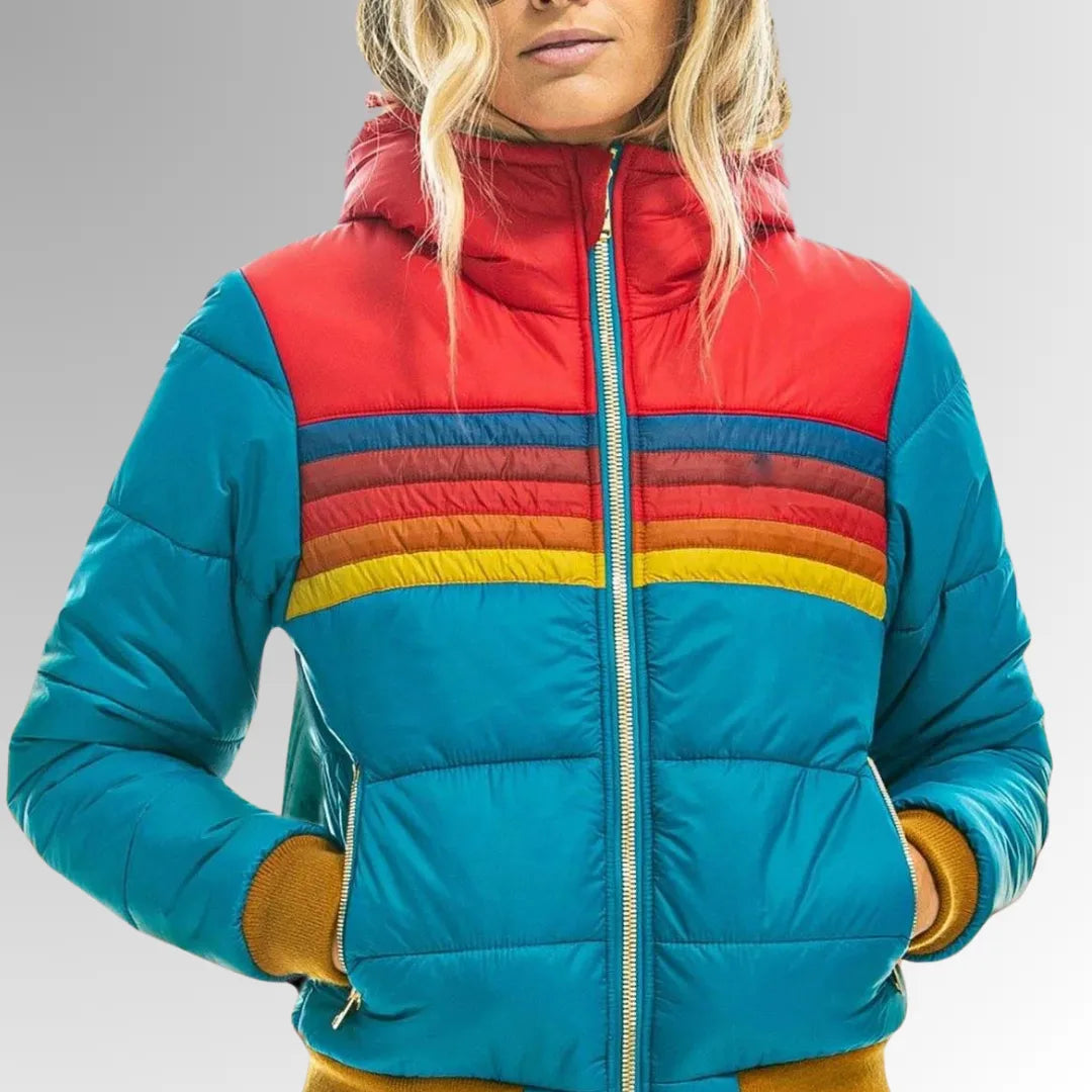 Women's striped quilted zip-up puffer jacket with ribbed cuffs and hem