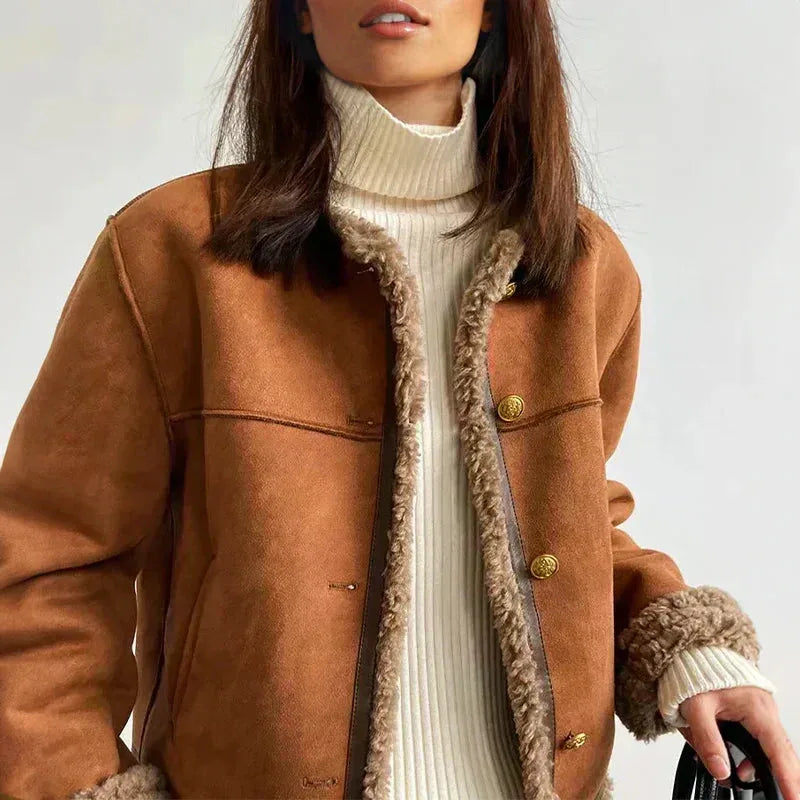 Women's suede button-front jacket with sherpa trim
