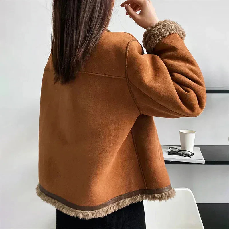 Women's suede button-front jacket with sherpa trim