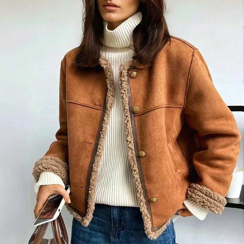 Women's suede button-front jacket with sherpa trim