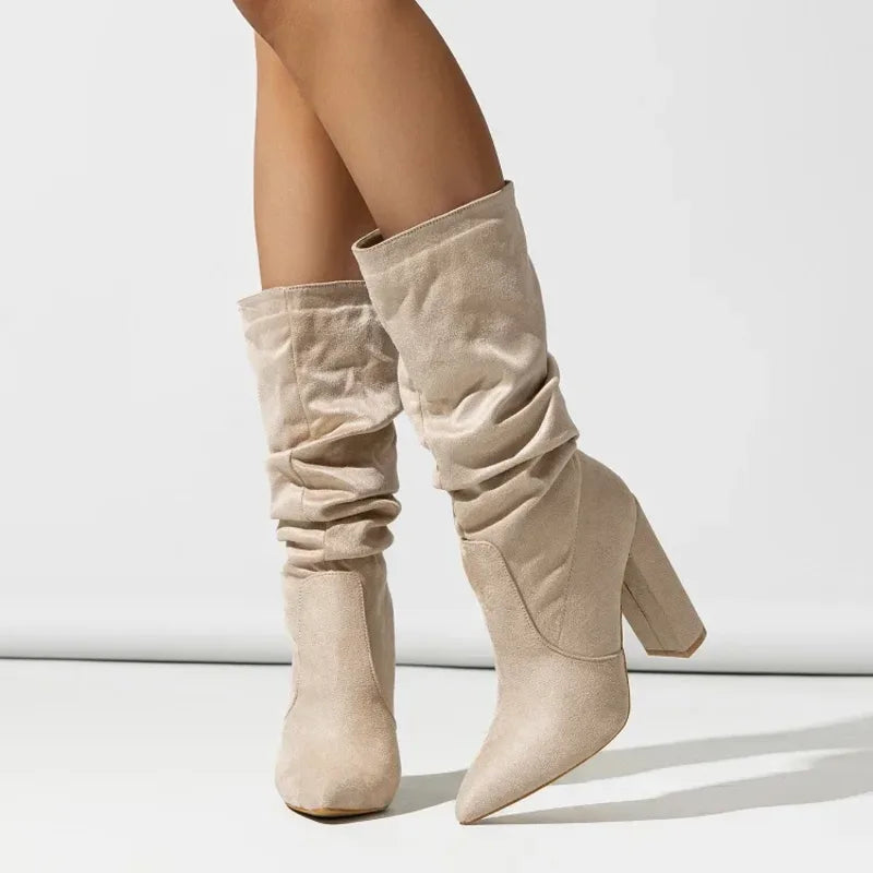 Women's suede knee high boots with slouchy shaft