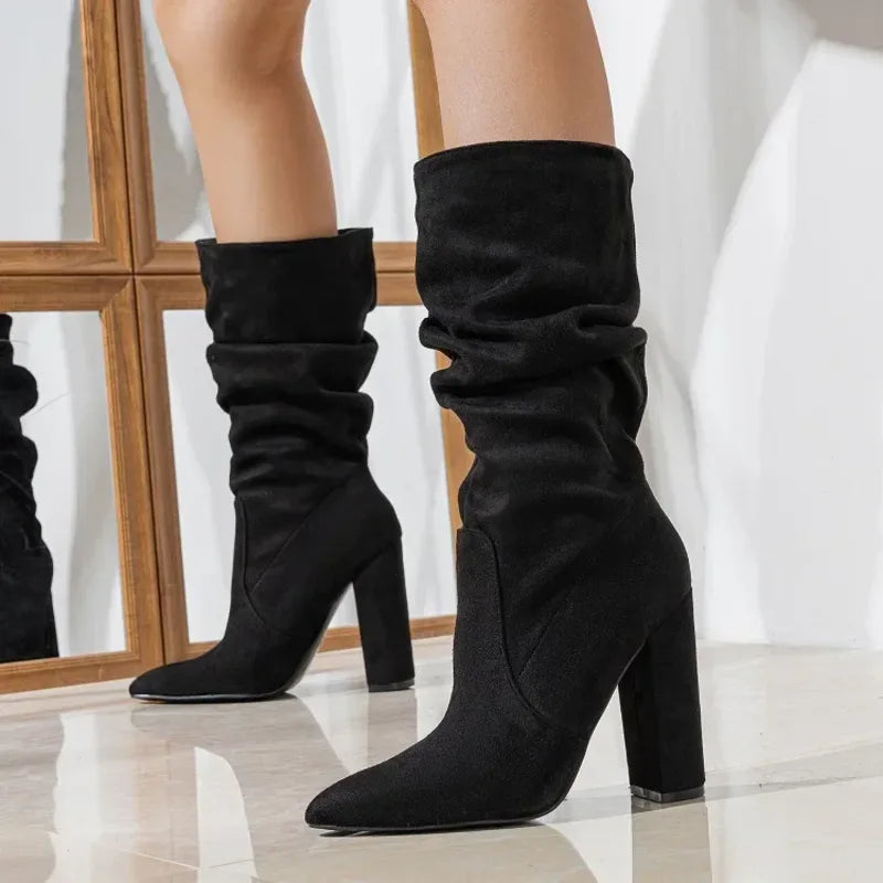Women's suede knee high boots with slouchy shaft