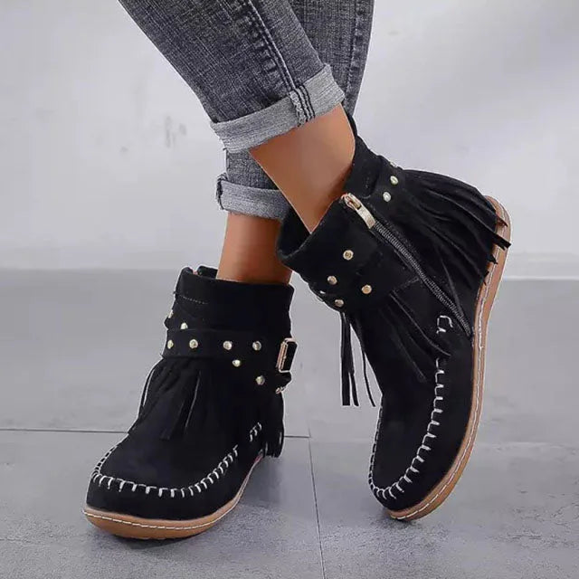Women's suede side zip ankle boots with fringe