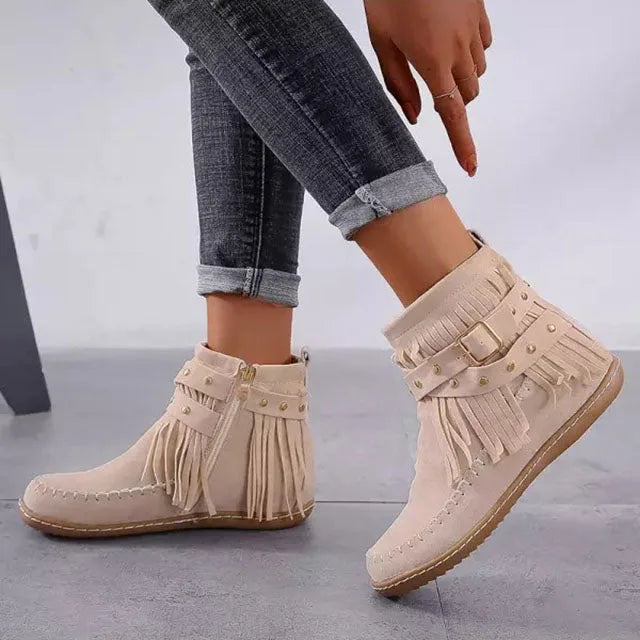 Women's suede side zip ankle boots with fringe