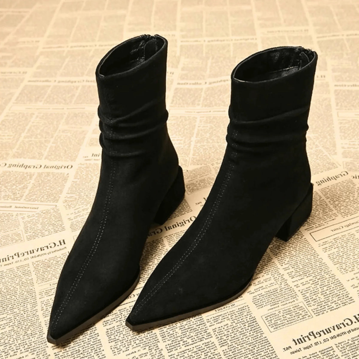 Women's suede side zip ankle boots with pointed toe and ruched shaft