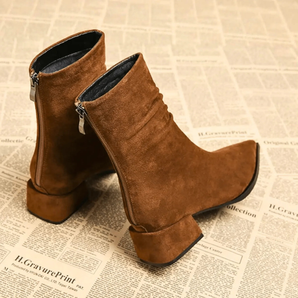 Women's suede side zip ankle boots with pointed toe and ruched shaft
