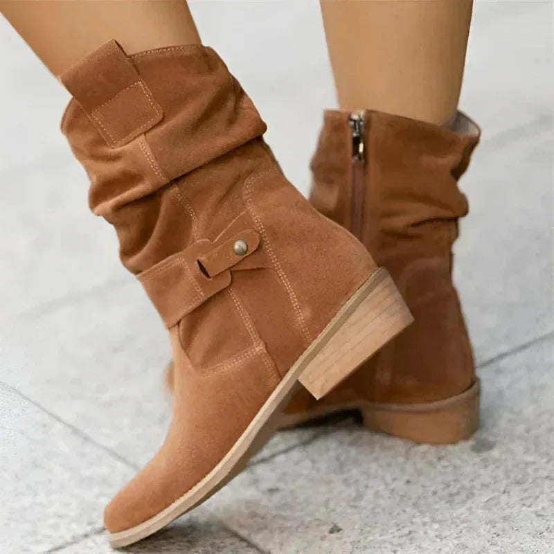 Women's suede side zip ankle boots with slouchy shaft