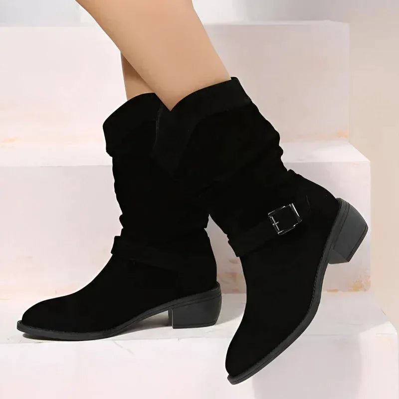 Women's suede side zip ankle boots with slouchy shaft
