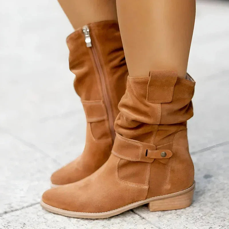 Women's suede side zip ankle boots with slouchy shaft