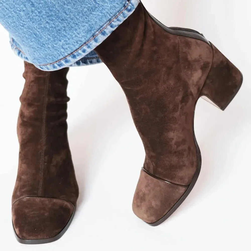 Women's suede side zip ankle boots with square toe and block heel