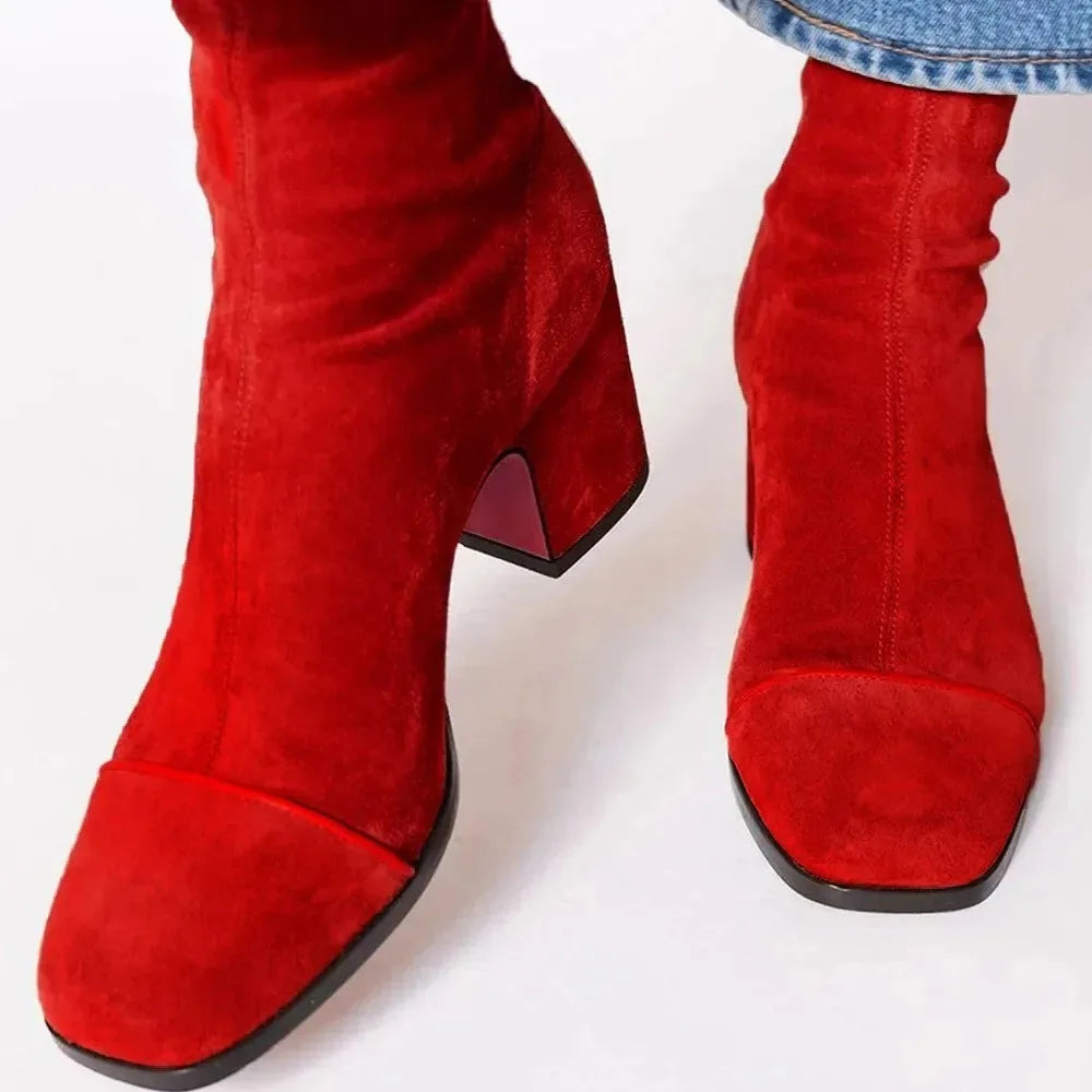 Women's suede side zip ankle boots with square toe and block heel