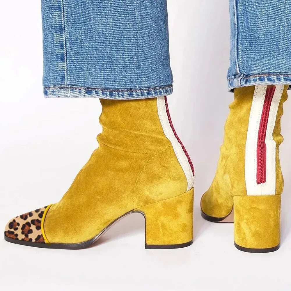 Women's suede side zip ankle boots with square toe and block heel