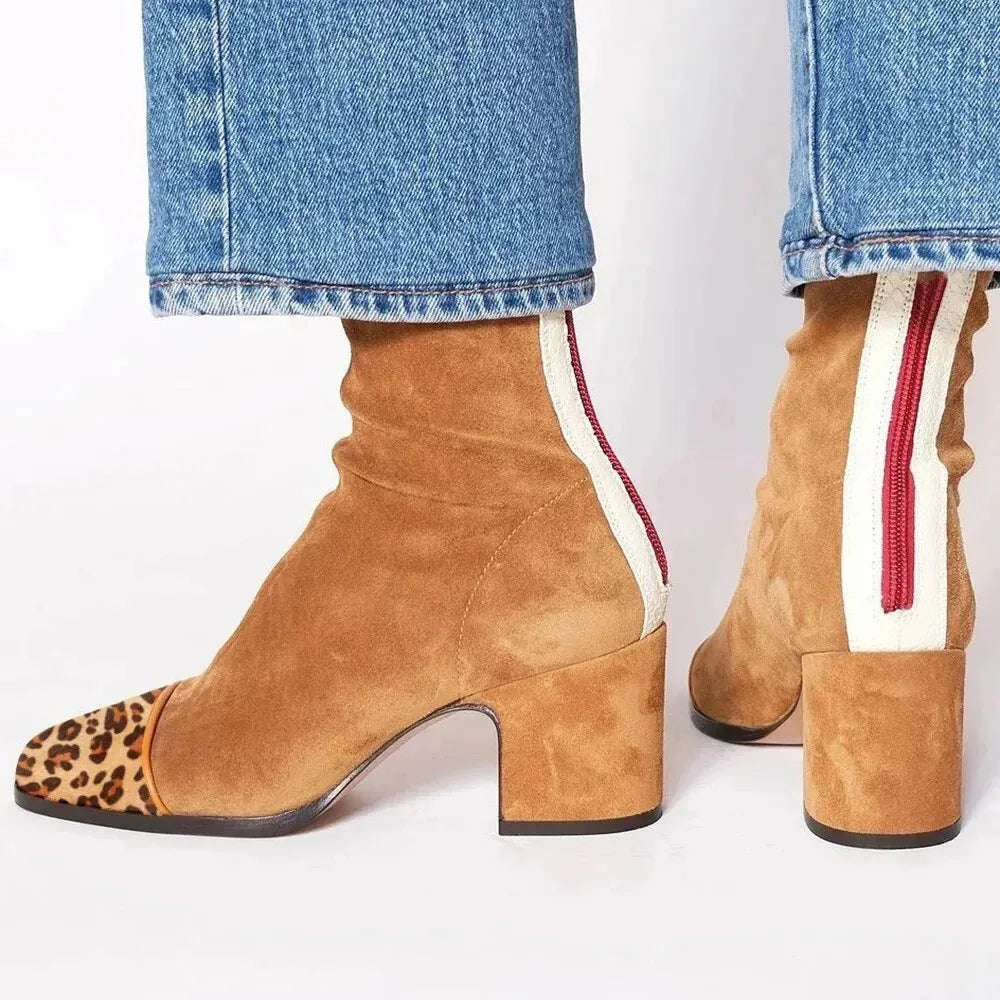 Women's suede side zip ankle boots with square toe and block heel