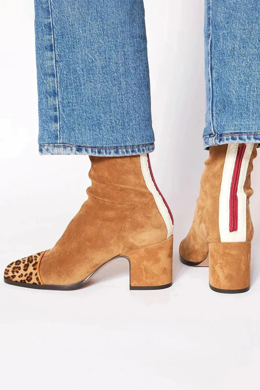 Women's suede side zip ankle boots with square toe and block heel