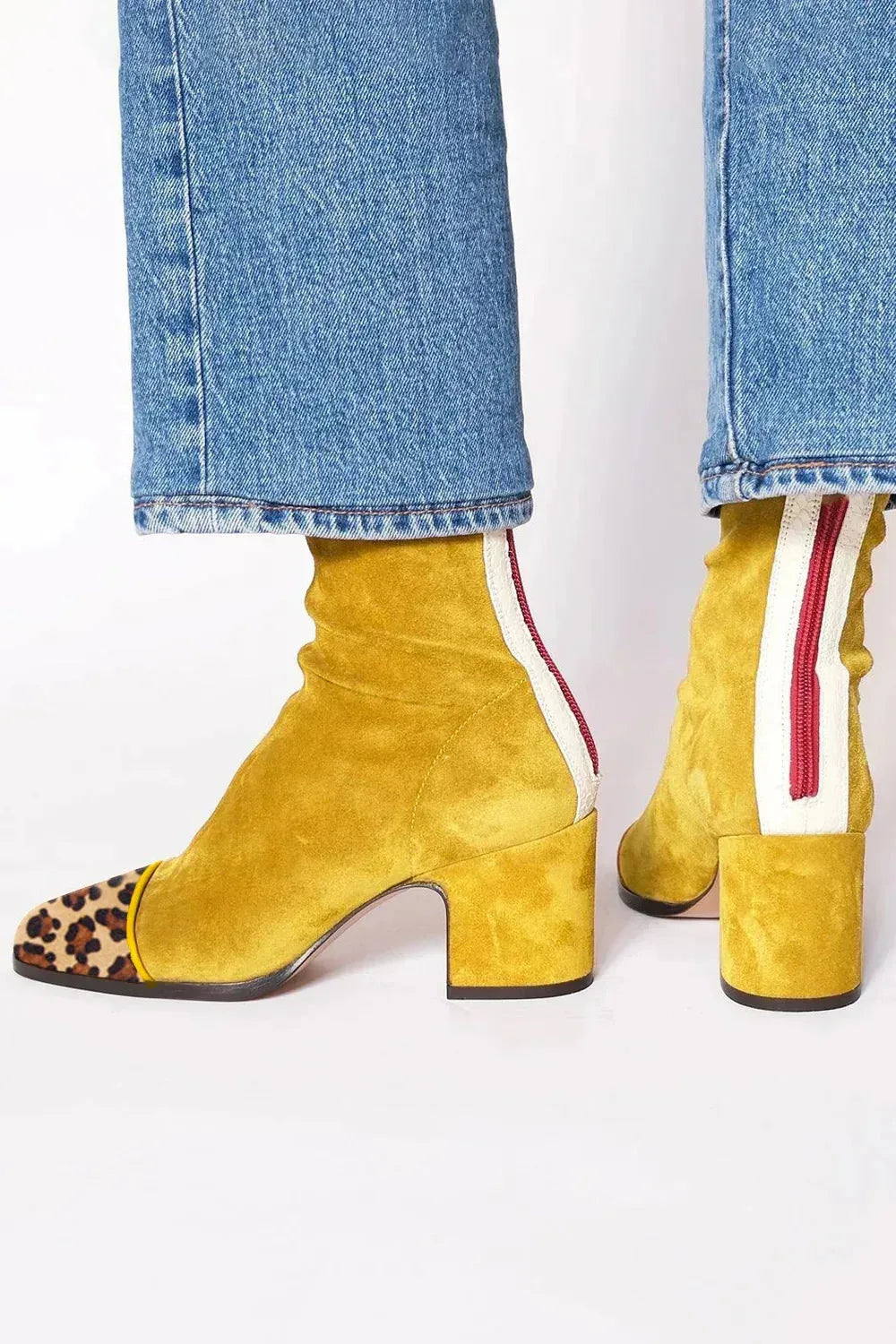 Women's suede side zip ankle boots with square toe and block heel