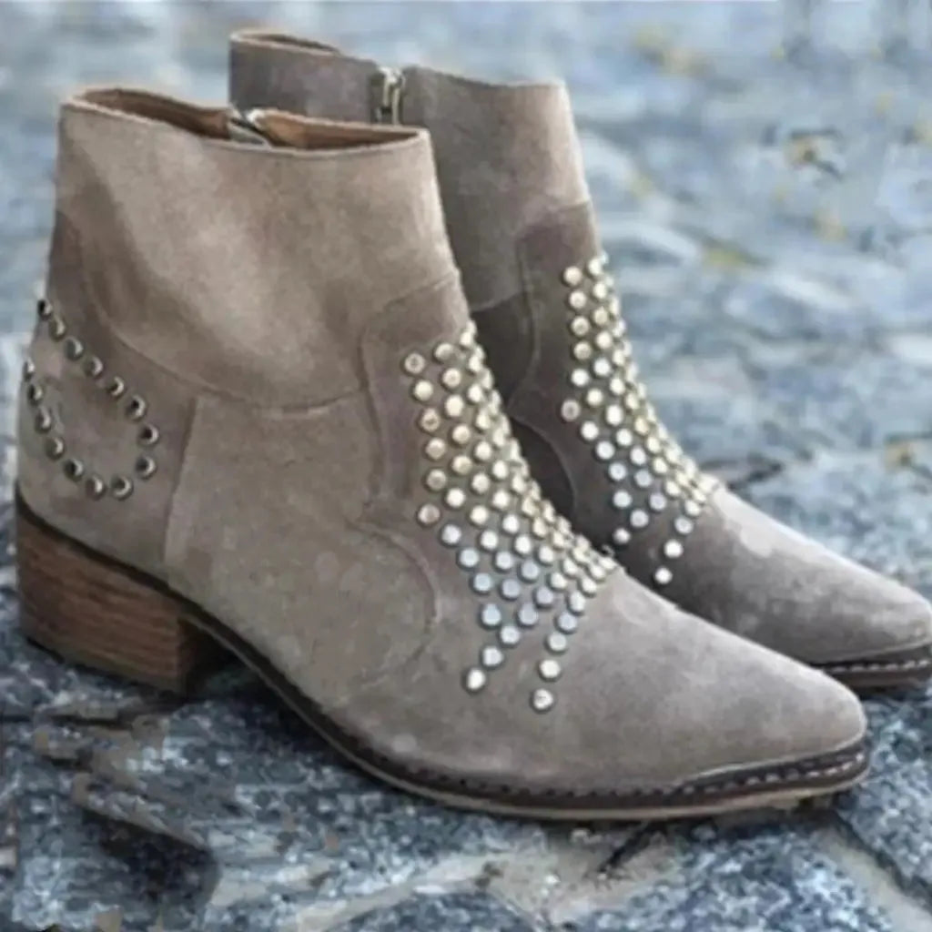 Women's suede side zip ankle boots with studded upper
