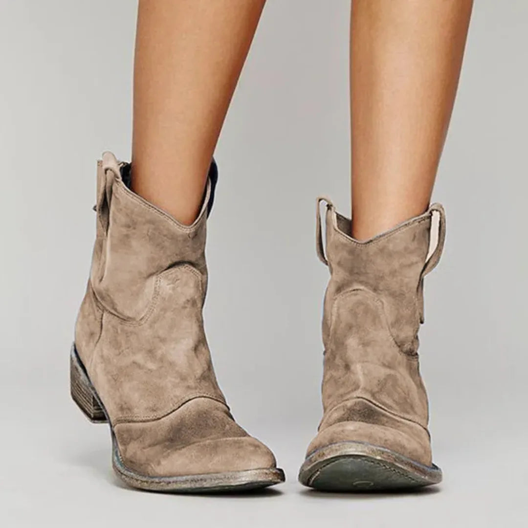 Women's suede side zip ankle boots with v-cut topline and pull tabs