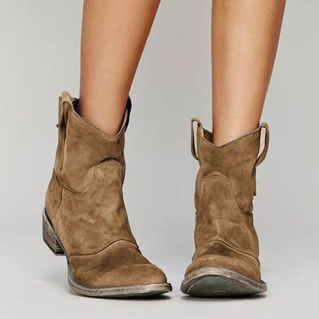 Women's suede side zip ankle boots with v-cut topline and pull tabs