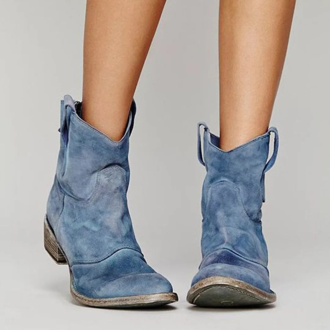 Women's suede side zip ankle boots with v-cut topline and pull tabs