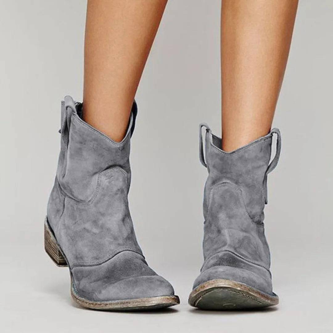 Women's suede side zip ankle boots with v-cut topline and pull tabs