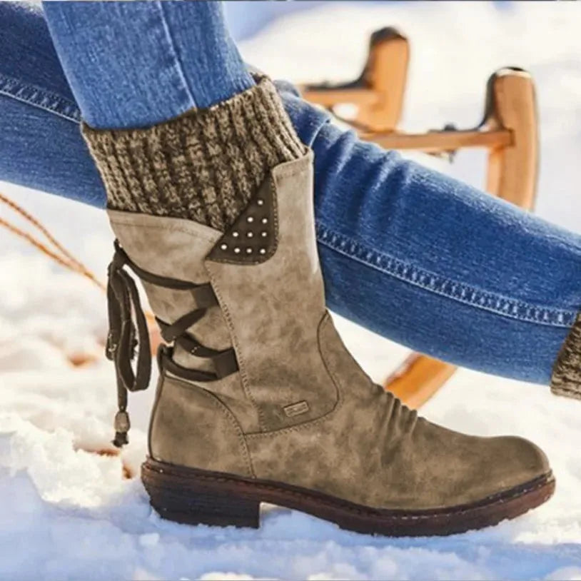 Women's suede side zip heeled boots with lace-up back